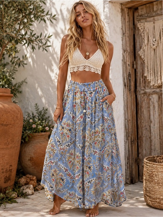 POL Pants - 🌸POL L Boho Floral Blue Wide Leg Pants P005